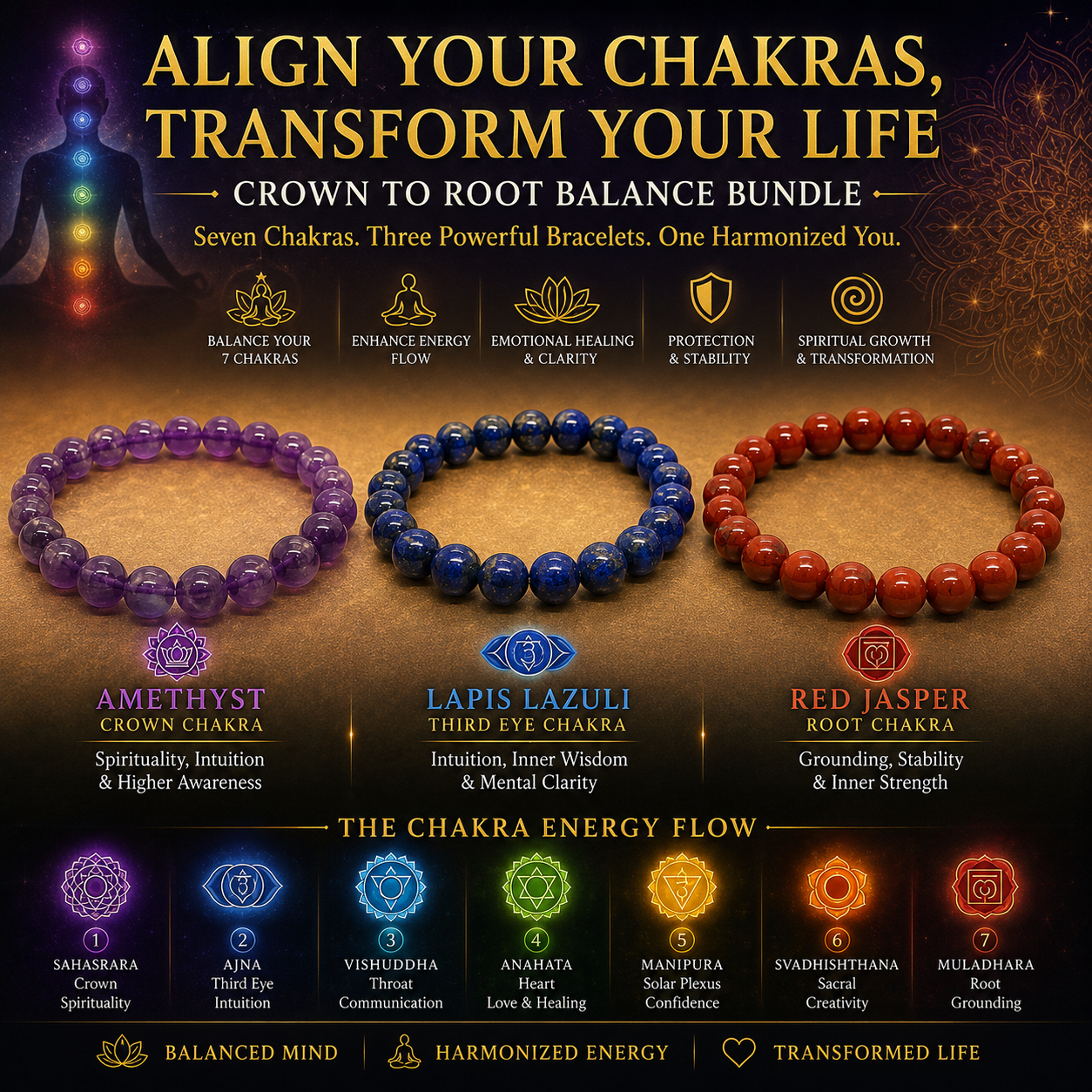 Chakra Balance Bundle — Amethyst + Lapis Lazuli + Red Jasper Bracelets